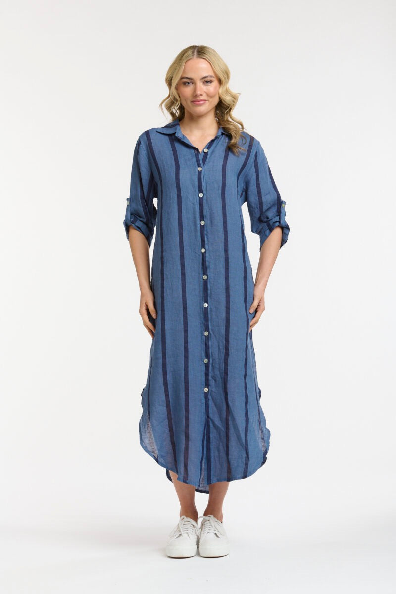 Stripe Linen Dress in Denim/Blue by Urban Luxury