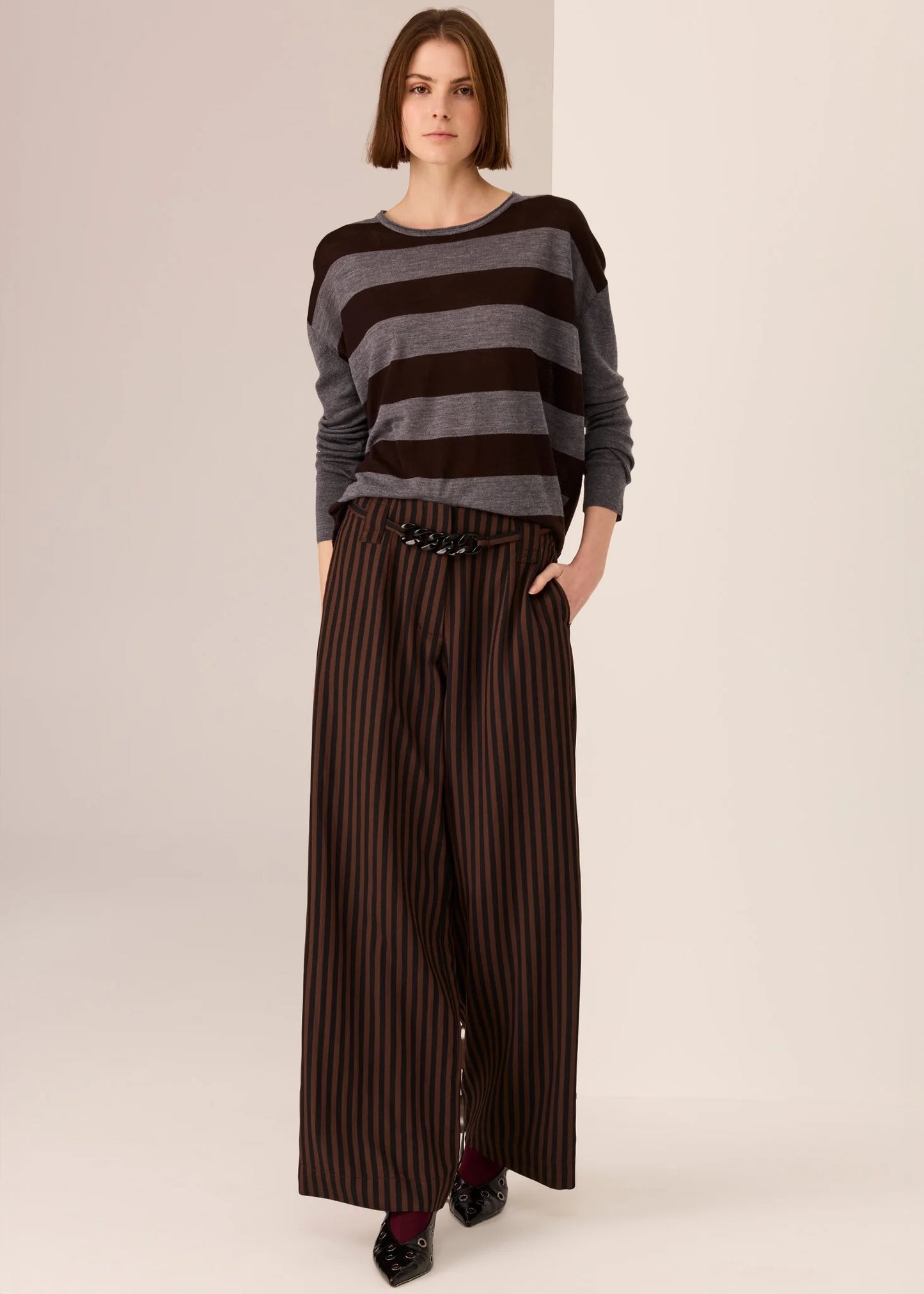Meira Stripe Knit in Charcoal/Choc by POL