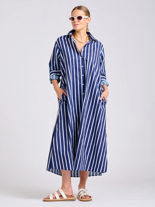 Luna Oversized Shirt Dress in Navy Thick Stripe by Shirty