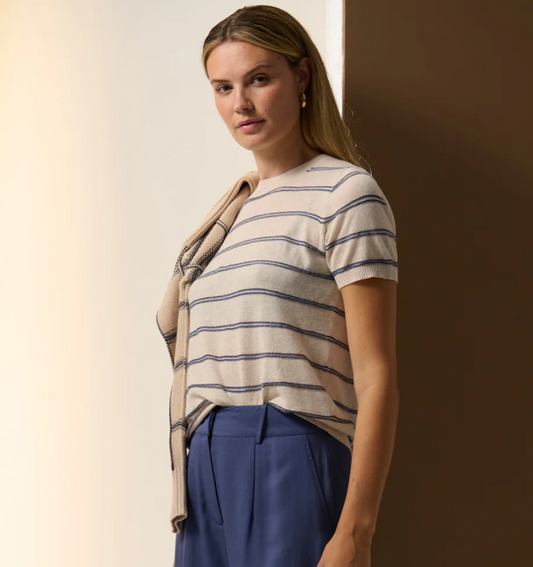 Sable Stripe Knit Tee in Pebble/Blue by POL