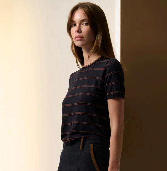 Sable Stripe Knit Tee in Ink/Choc by POL