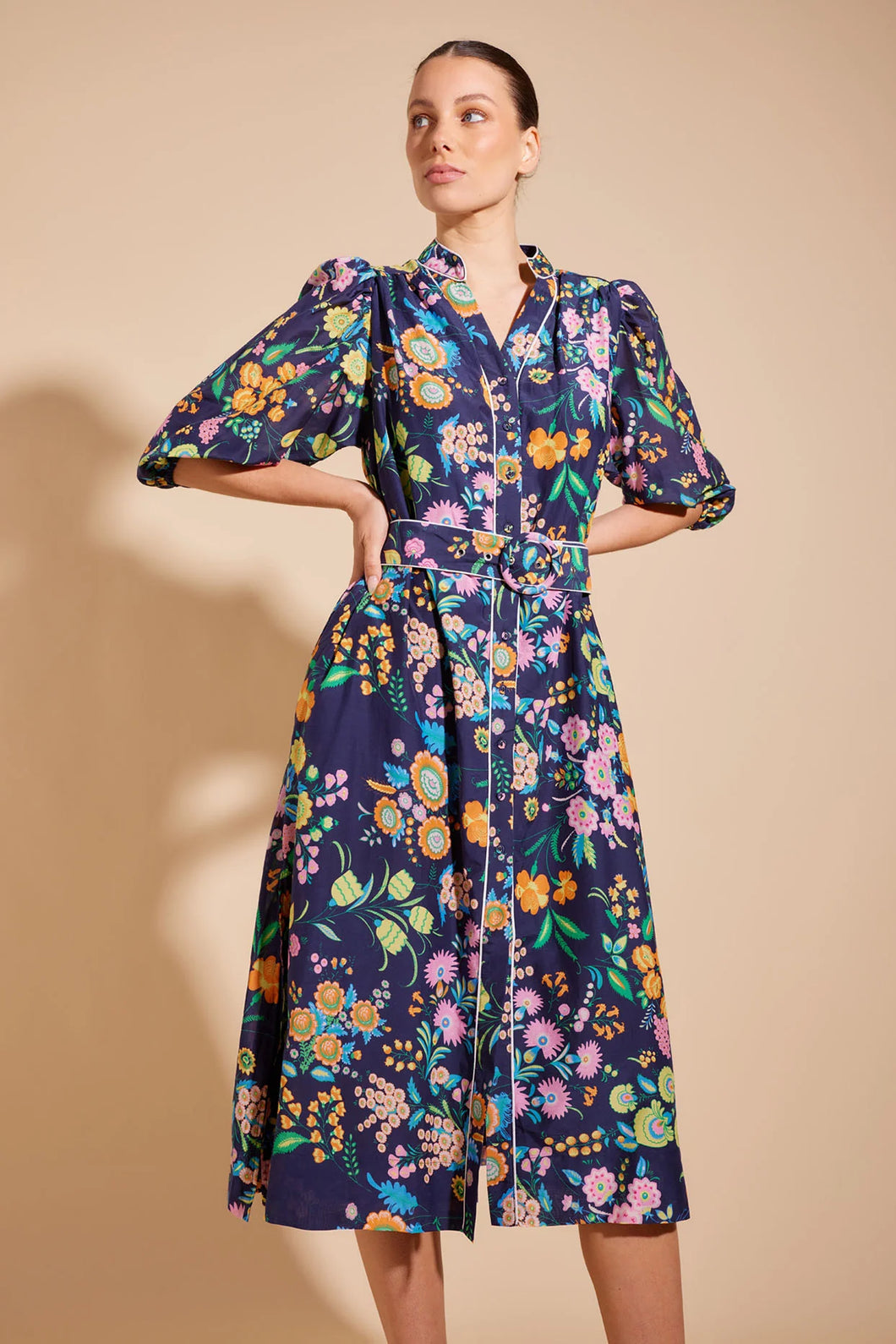 Lyon Cotton Silk Dress in Navy Rosa's Garden Print by Alessandra