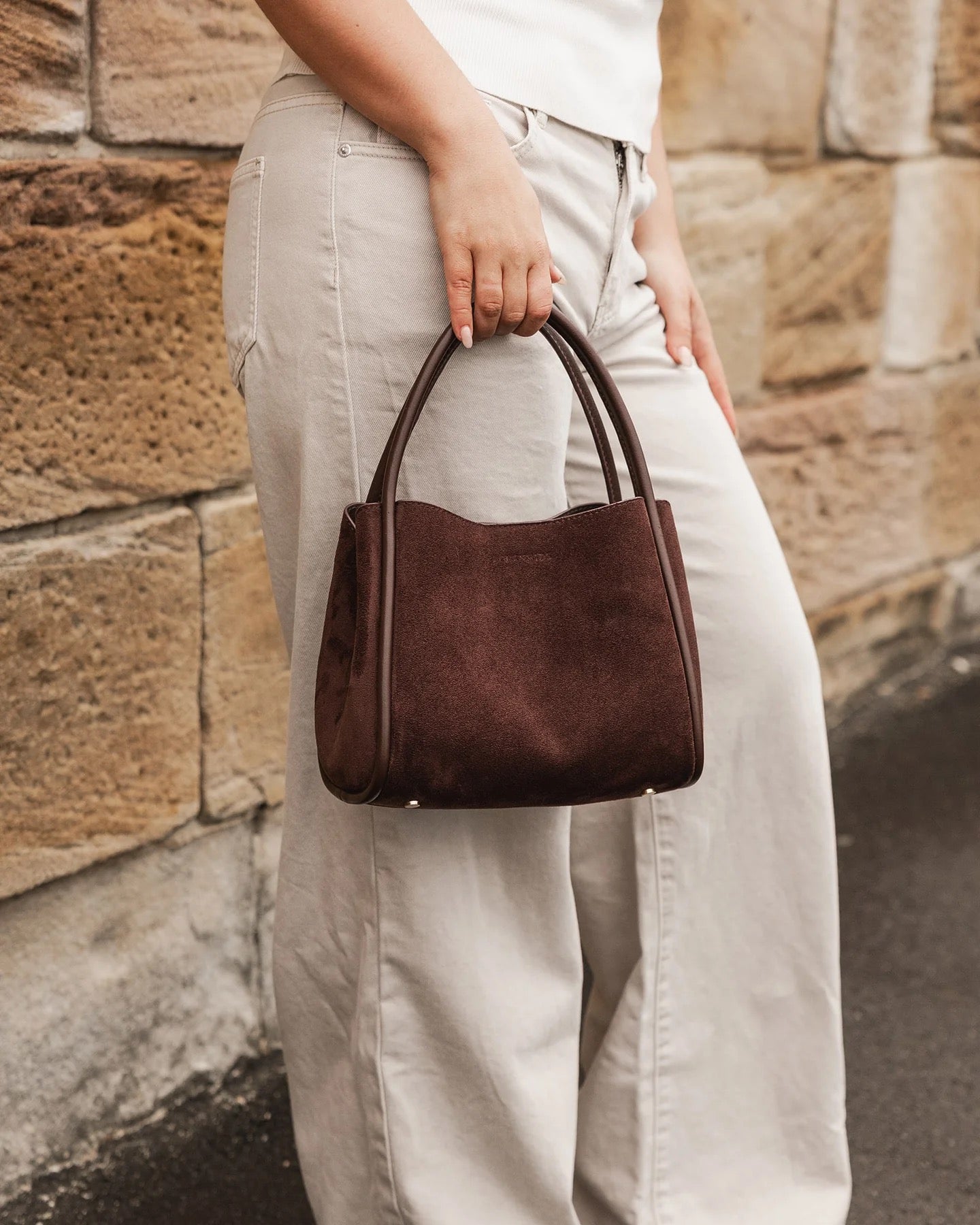 Steffie Suedette Mini Tote Bag in Chocolate by Louenhide