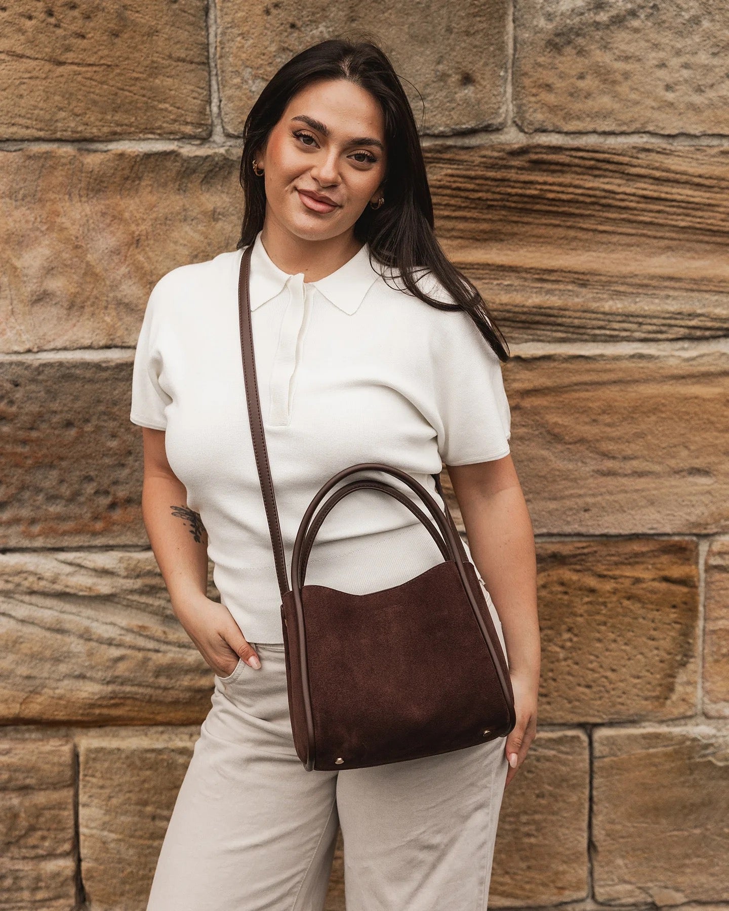 Steffie Suedette Mini Tote Bag in Chocolate by Louenhide