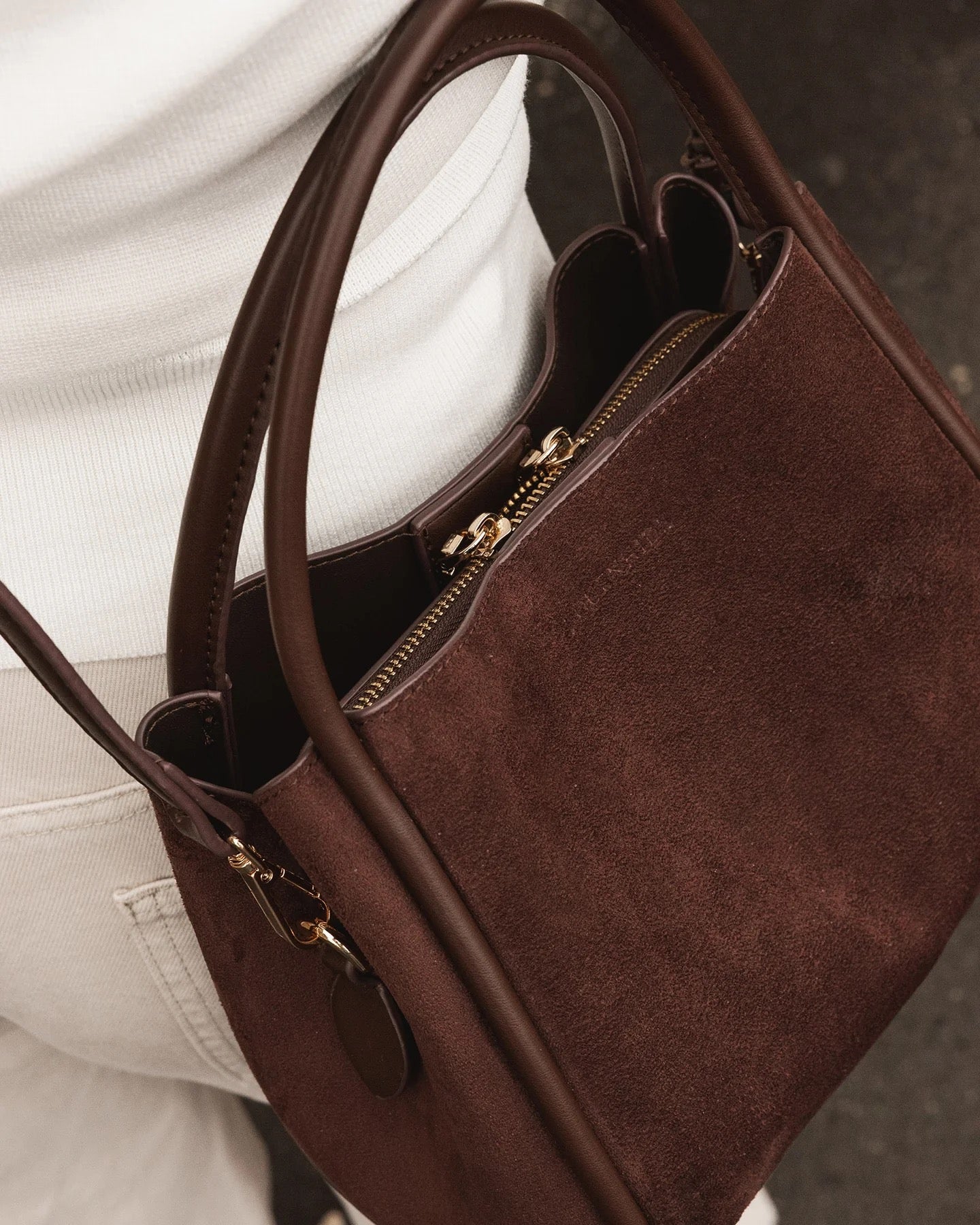 Steffie Suedette Mini Tote Bag in Chocolate by Louenhide