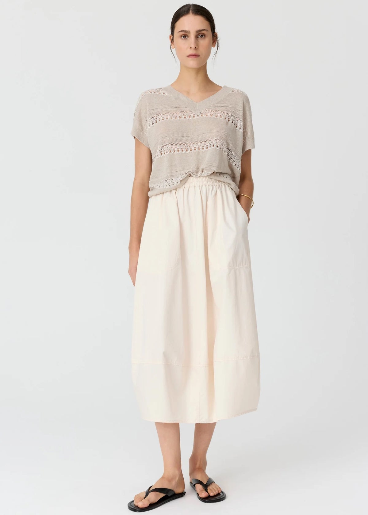 Liana V-Nrck Pointelle Knit in Pebble/Chalk by POL