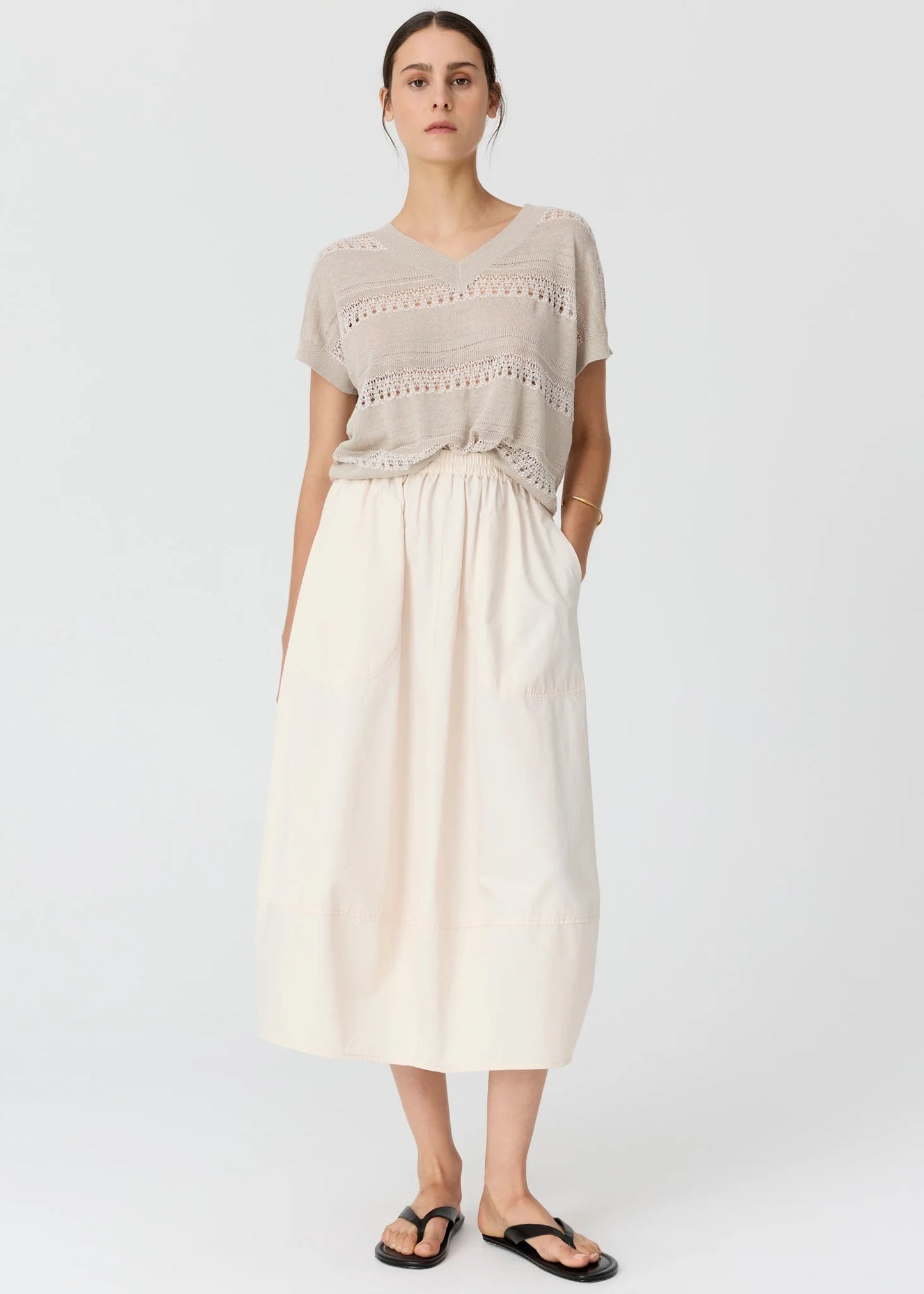 Liana V-Nrck Pointelle Knit in Pebble/Chalk by POL