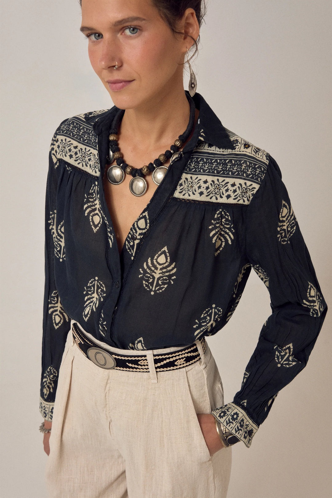 Rani Shirt in Black Leaves by Maison Hotel
