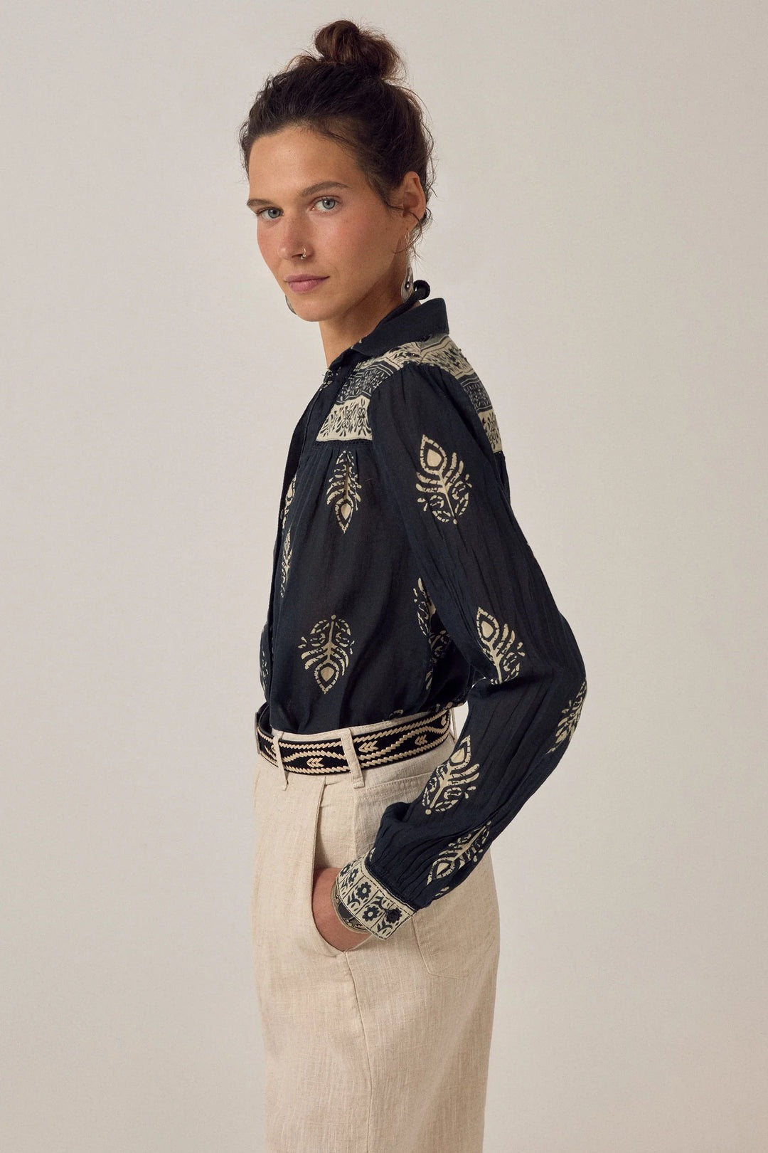 Rani Shirt in Black Leaves by Maison Hotel