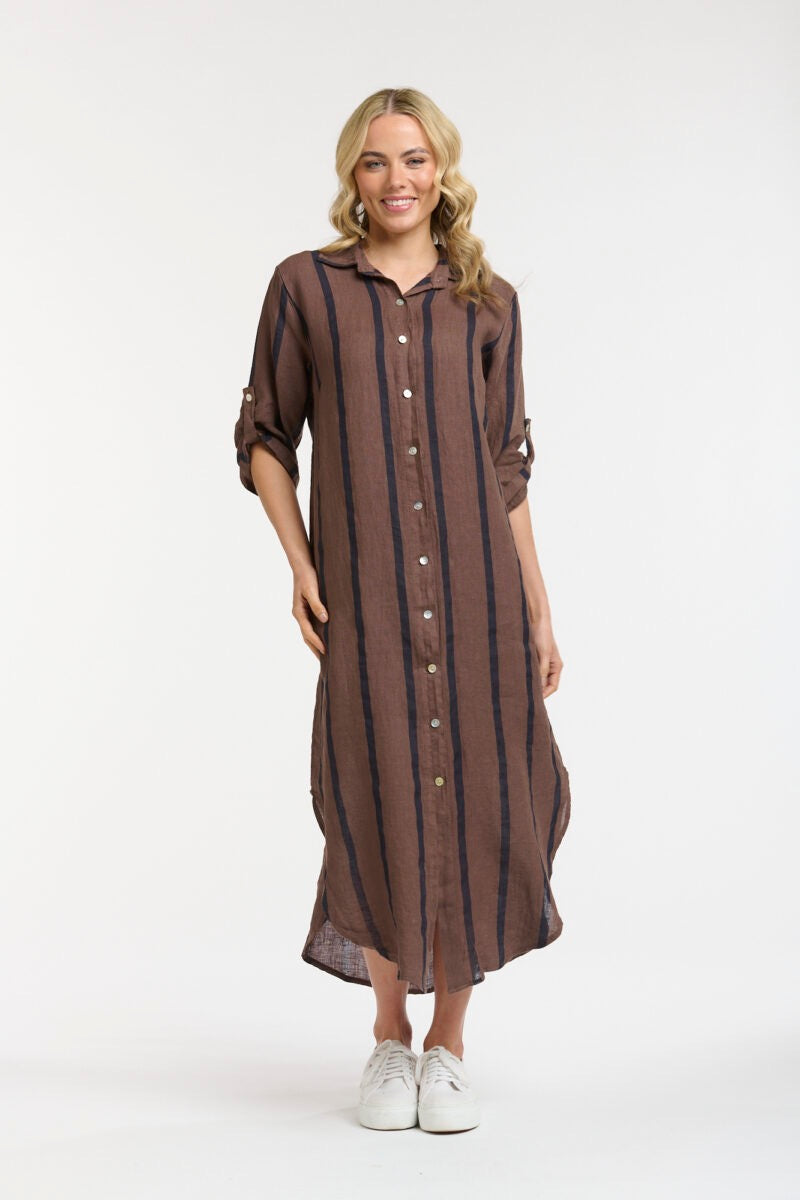 Stripe Linen Dress in Choc/Blue by Urban Luxury