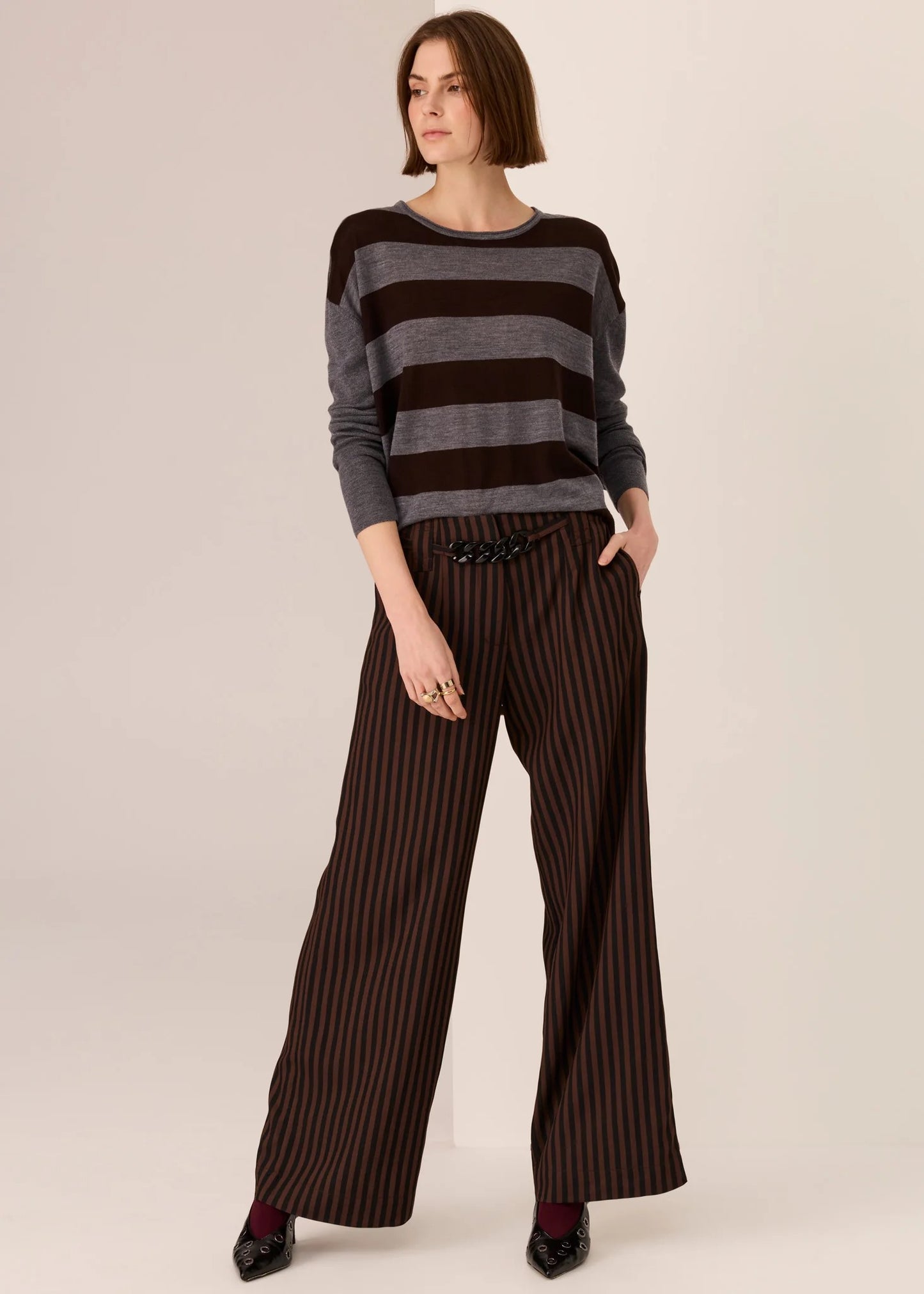 Meira Stripe Knit in Charcoal/Choc by POL