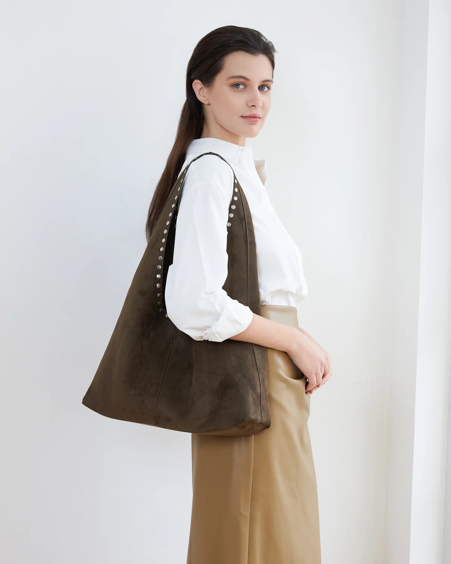 Hailey Suedette Shoulder Bag in Olive Chocolate by Louenhide
