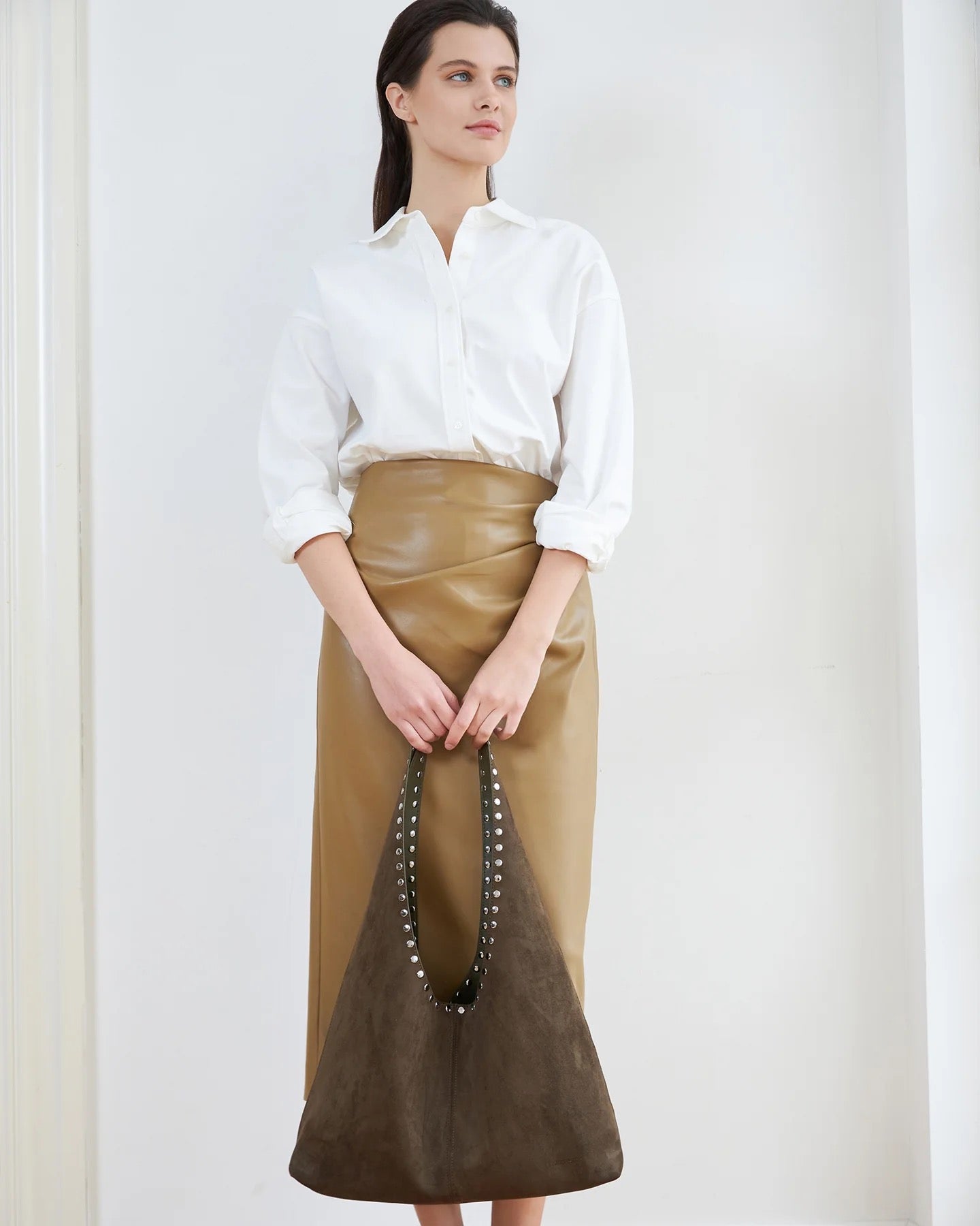 Hailey Suedette Shoulder Bag in Olive Chocolate by Louenhide