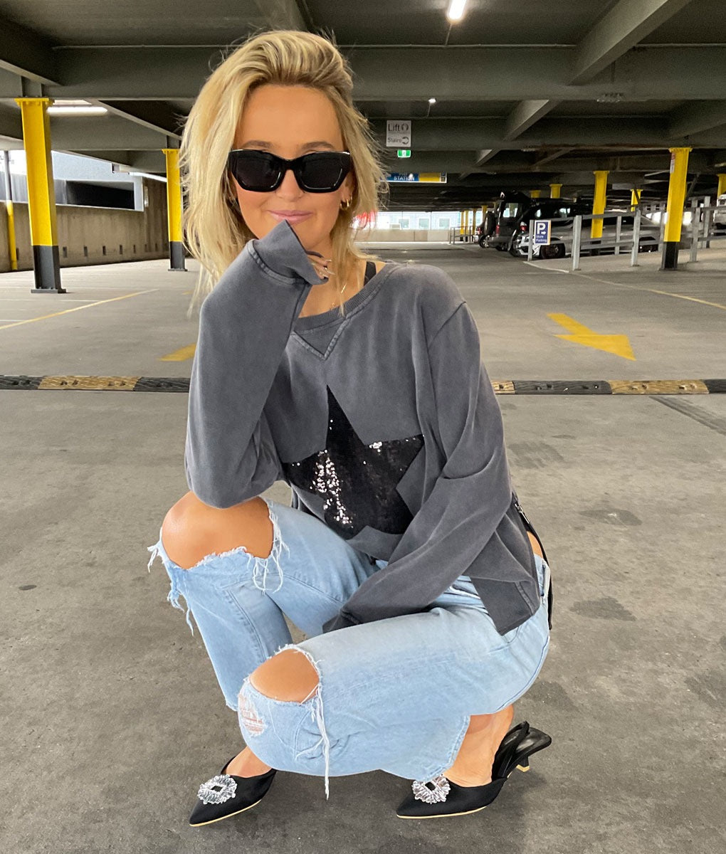 Sequin Star Sweatshirt in Charcoal by Sophie Moran