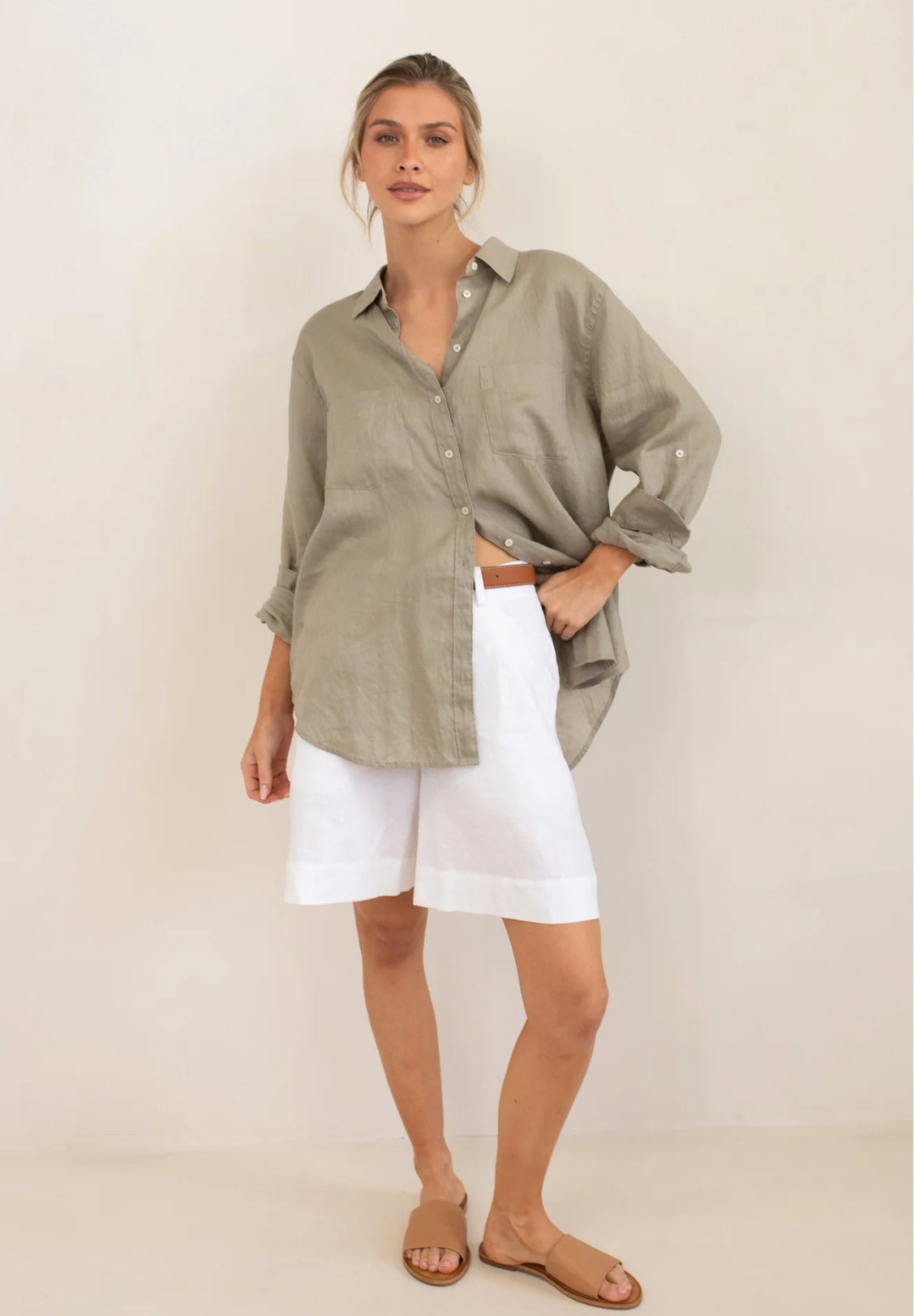 The Boyfriend Linen Shirt in Biscuit by HUT