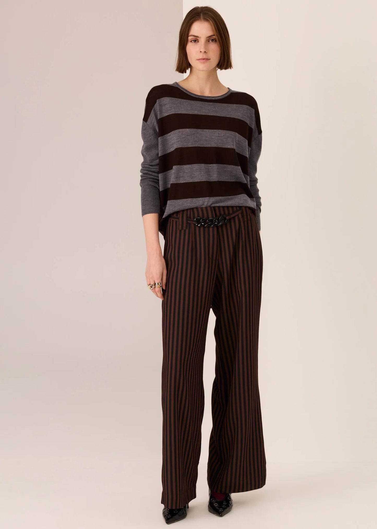 Meira Stripe Knit in Charcoal/Choc by POL