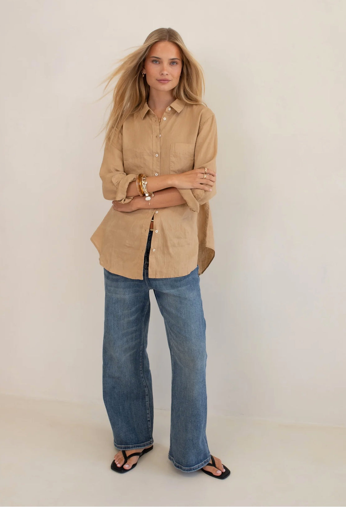 Tan Boyfriend Linen Shirt by HUT