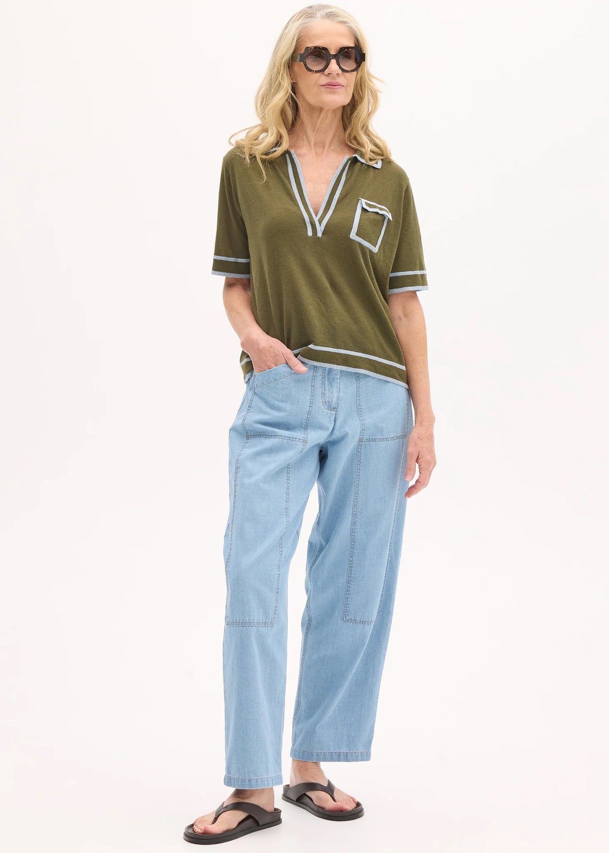 Sela Knit Polo in Green/Blue by POL