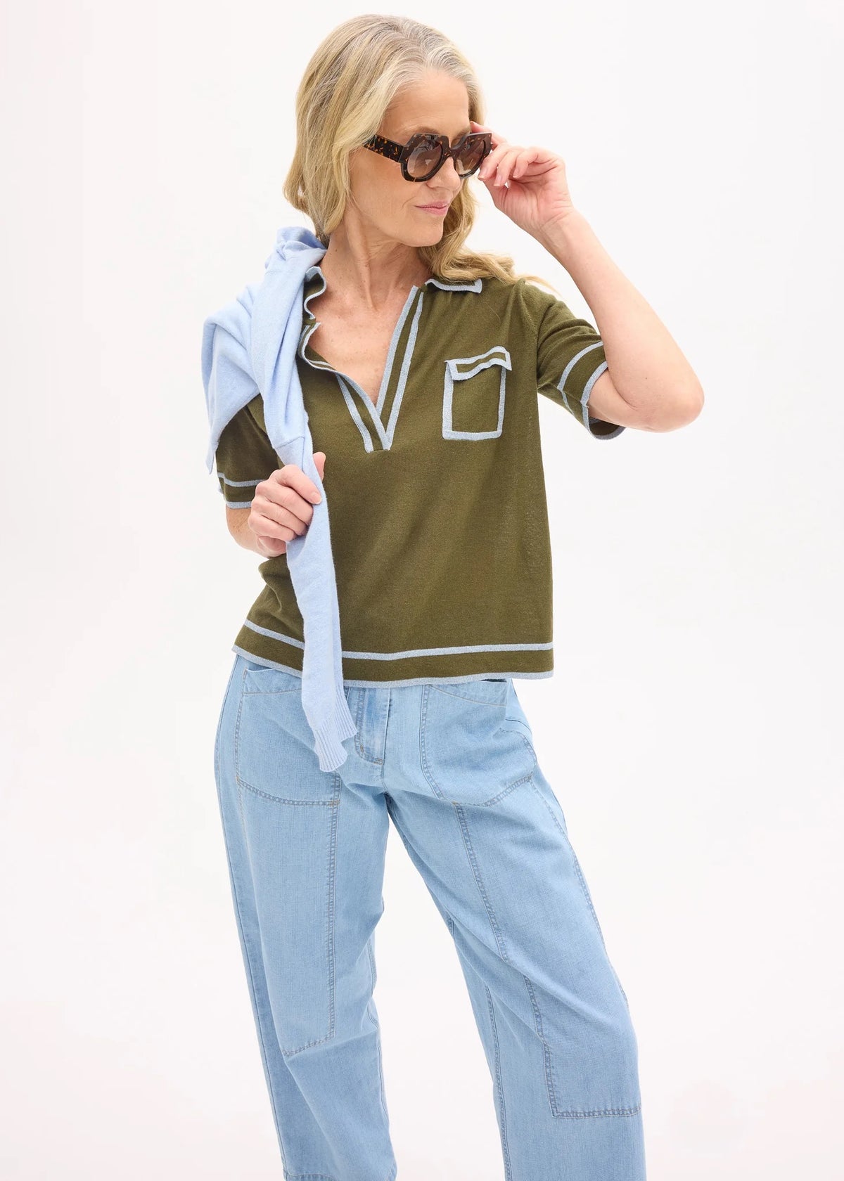 Sela Knit Polo in Green/Blue by POL