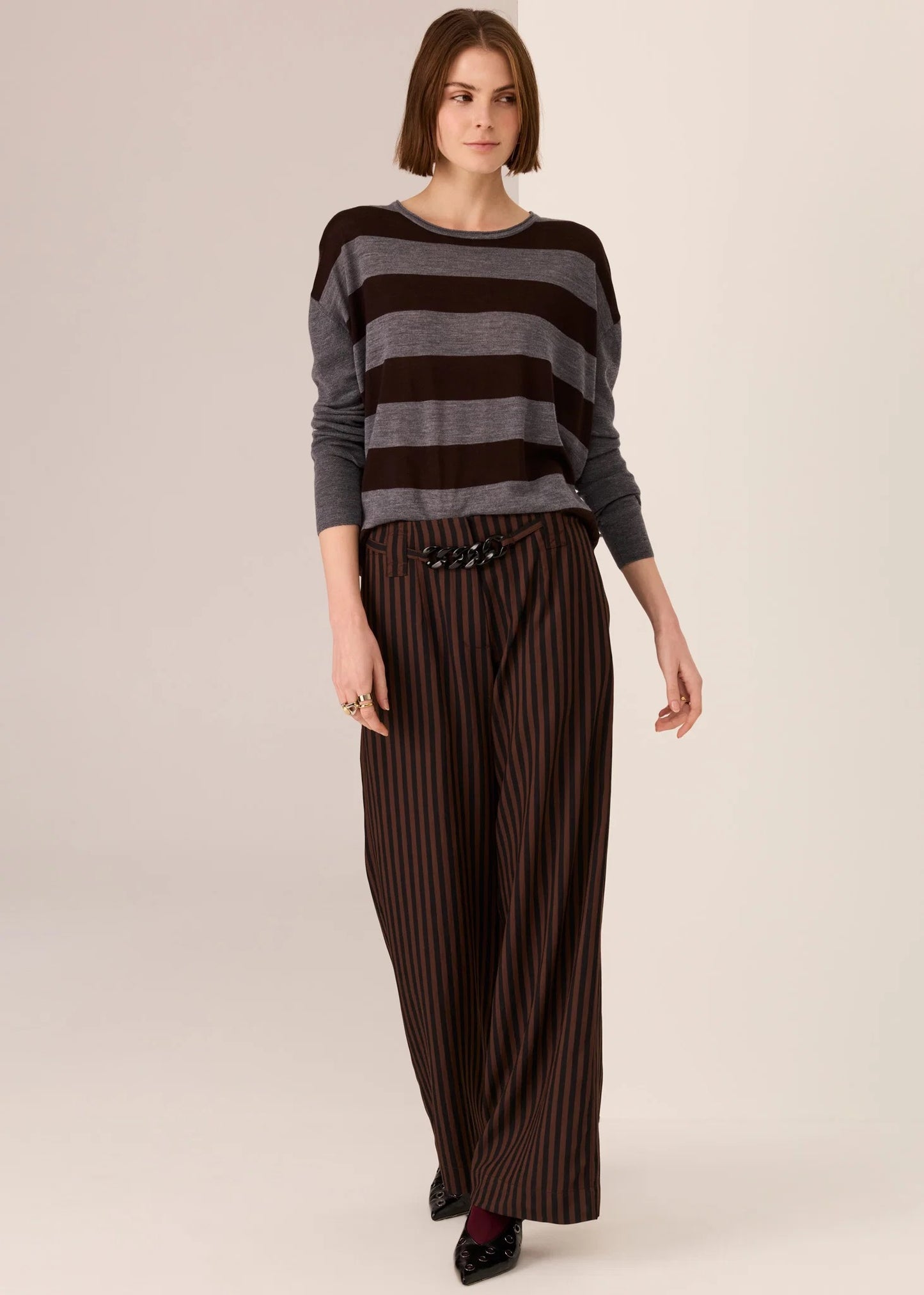Meira Stripe Knit in Charcoal/Choc by POL