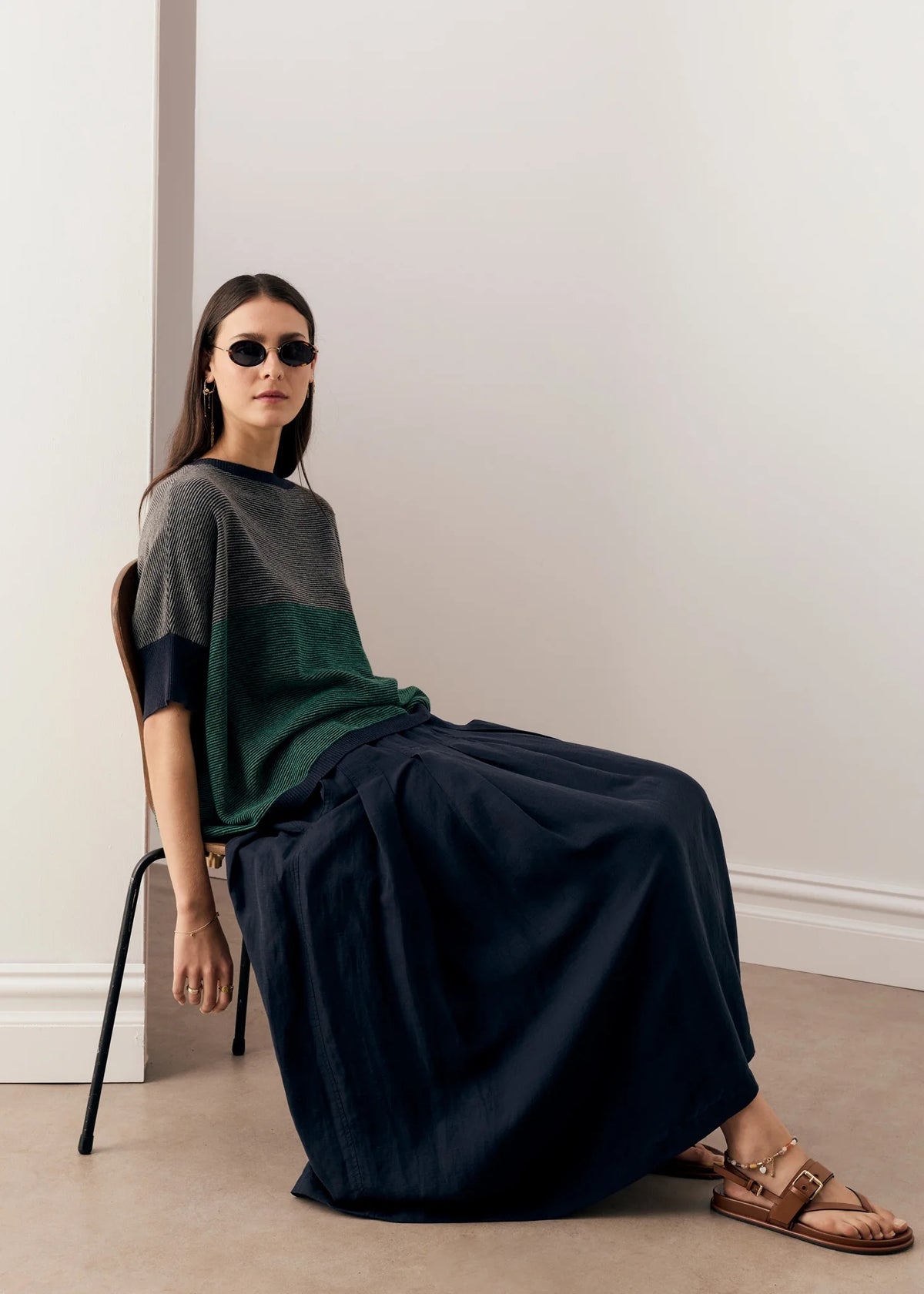 Reed Textured Stripe Tee in Green Multi by POL