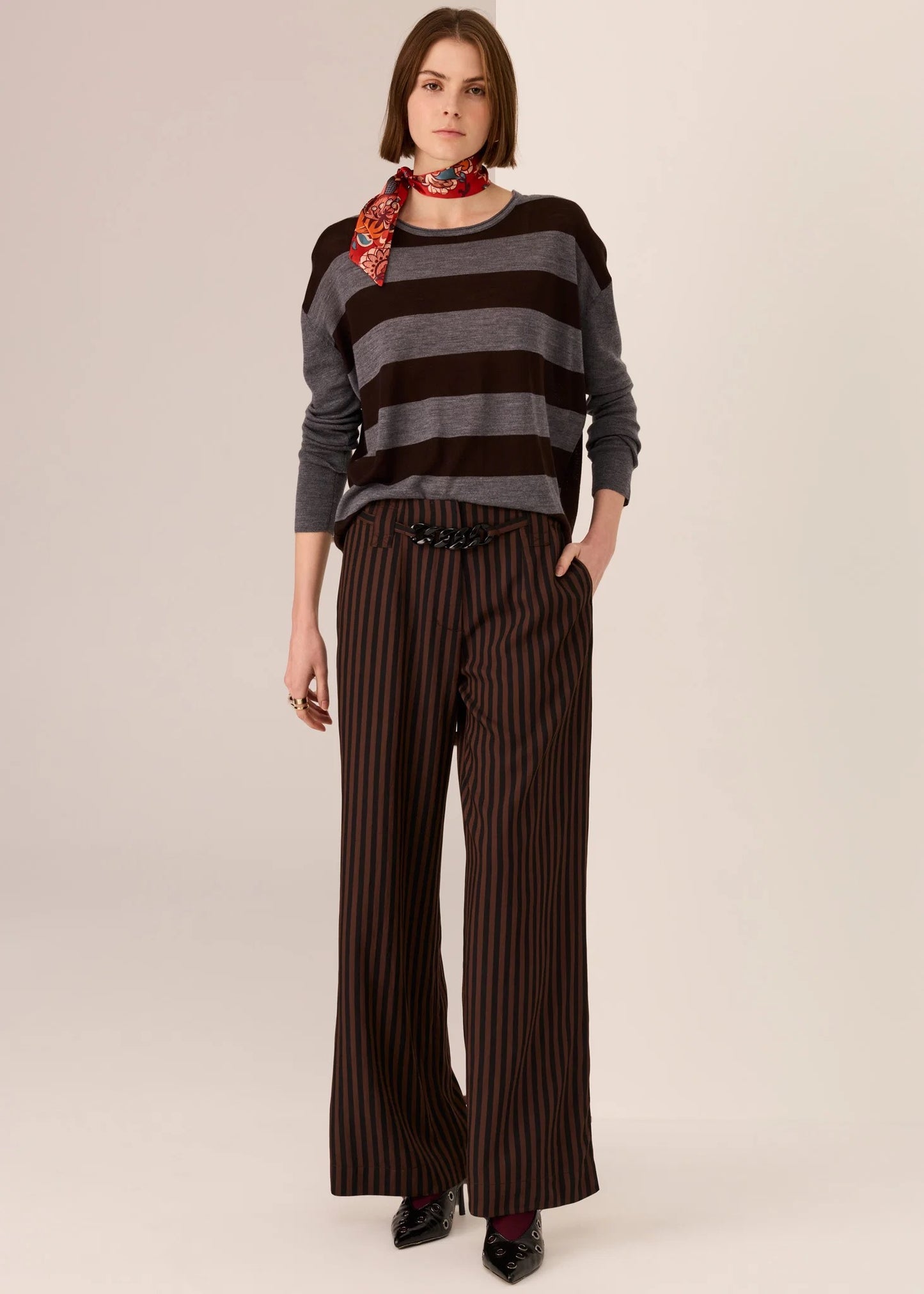 Meira Stripe Knit in Charcoal/Choc by POL