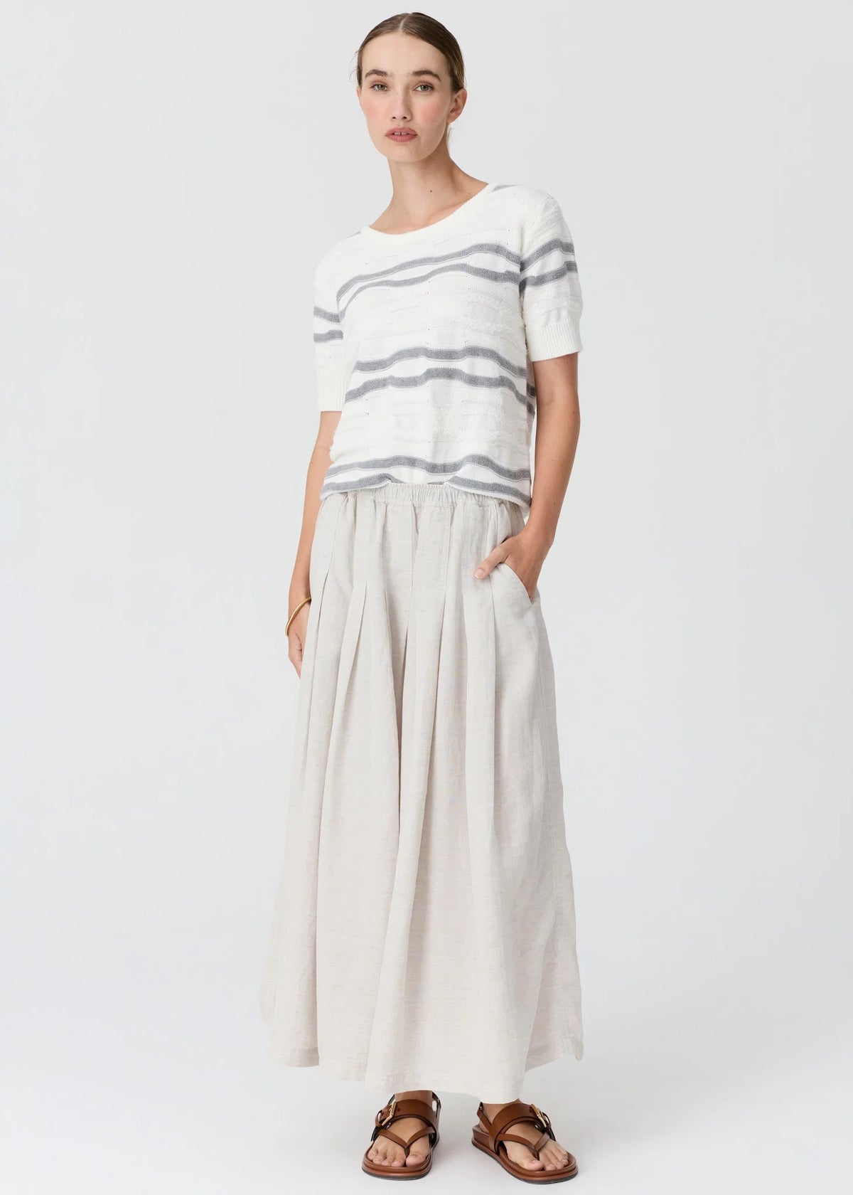 Liana Textured Stripe Tee in White/Silver/White by POL