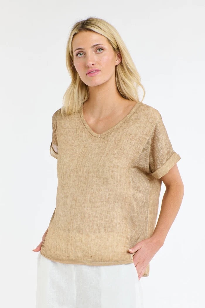 V Neck Calypso Top in Camello by Love From Italy