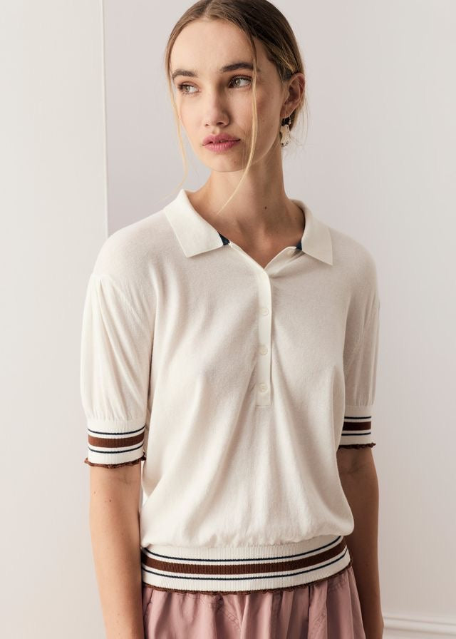 Dahlia Knit Polo in White/Toffee by POL