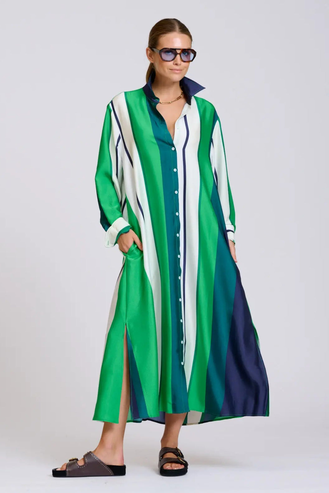 Luxe Luna Long Line Oversized Shirt Dress in Green Stripe by Shirty