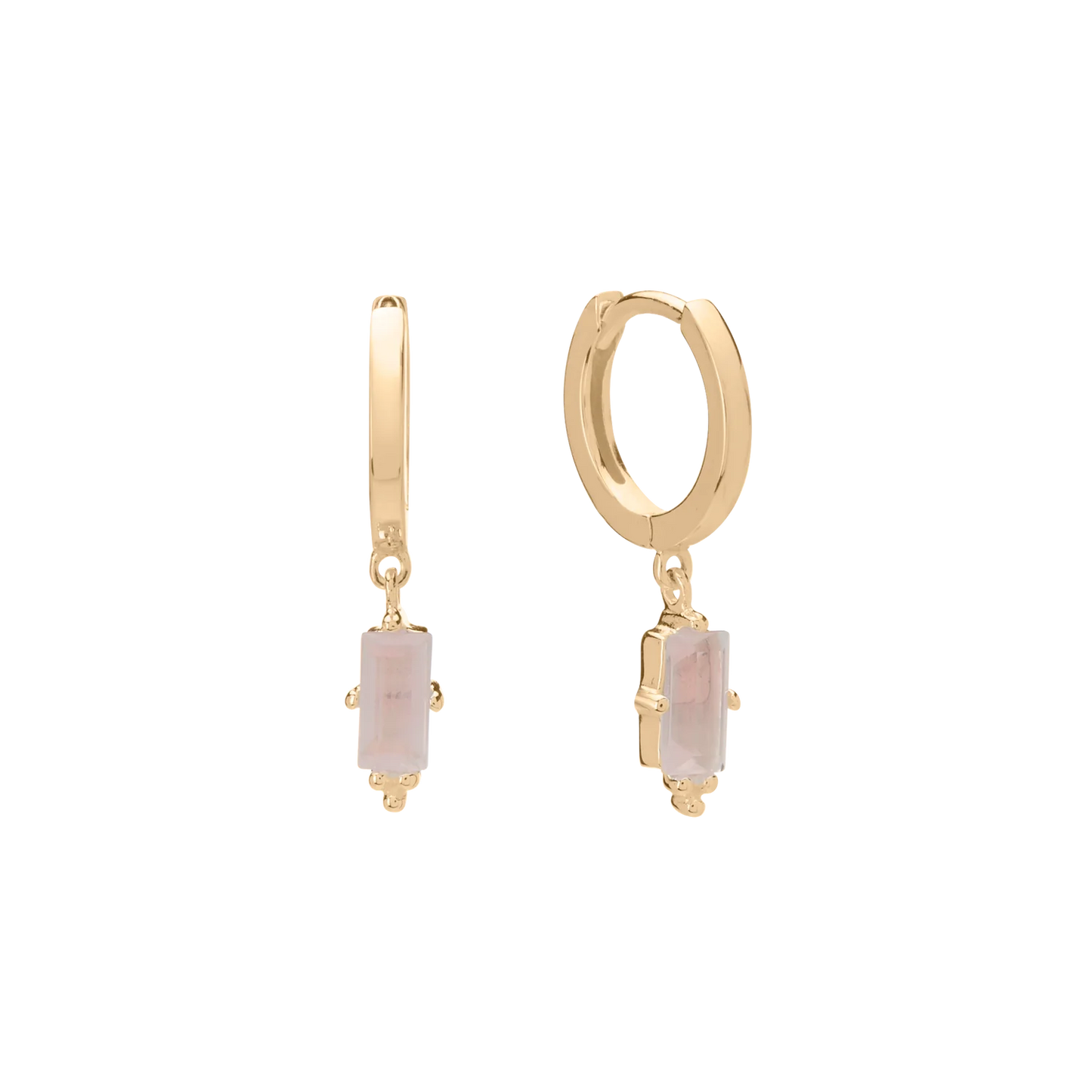 Huggie with Hanging Rose Quartz Baguette in Gold by Murkani