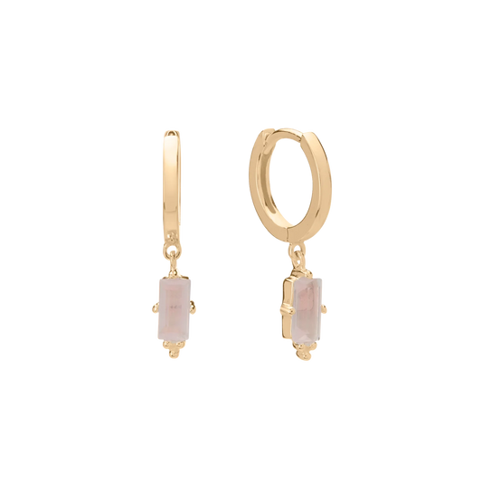 Huggie with Hanging Rose Quartz Baguette in Gold by Murkani