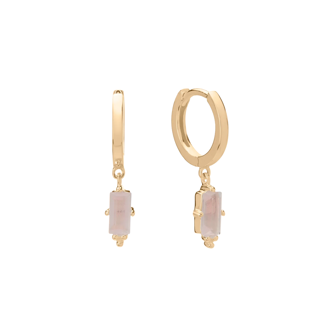 Huggie with Hanging Rose Quartz Baguette in Gold by Murkani