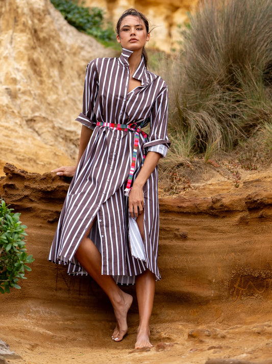 Luna Oversized Shirt Dress in Chocolate Thick Stripe by Shirty
