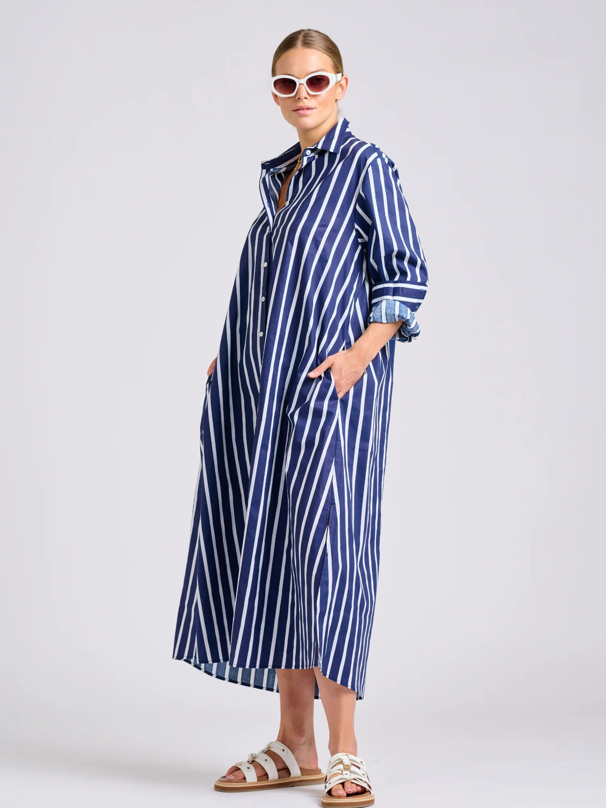 Luna Oversized Shirt Dress in Navy Thick Stripe by Shirty