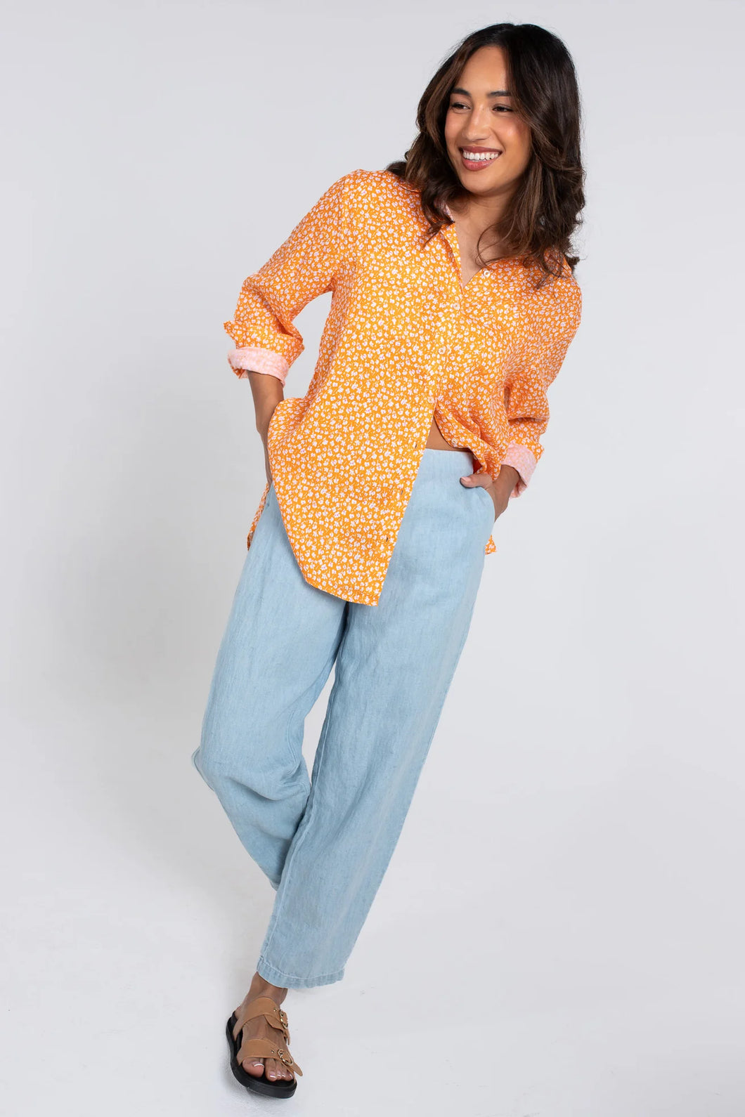 The Boyfriend Linen Shirt in Orange Ditsy by Hut
