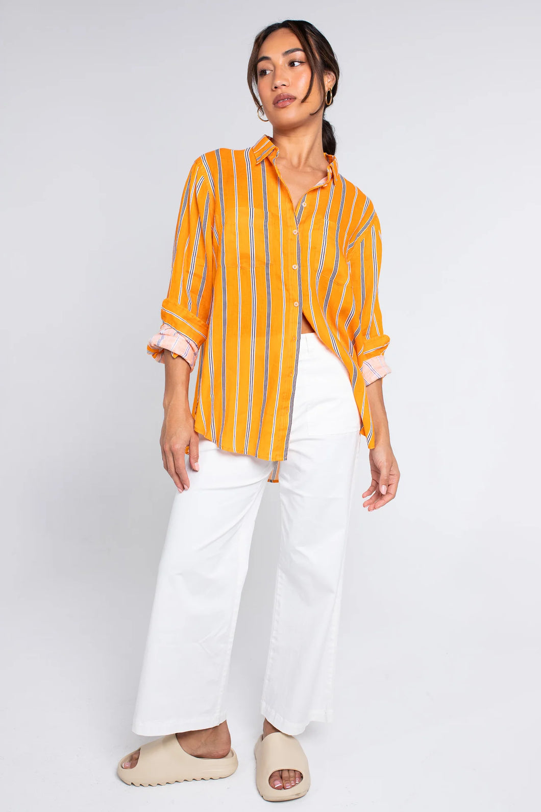 The Boyfriend Linen Shirt in Orange/Black Stripe by Hut