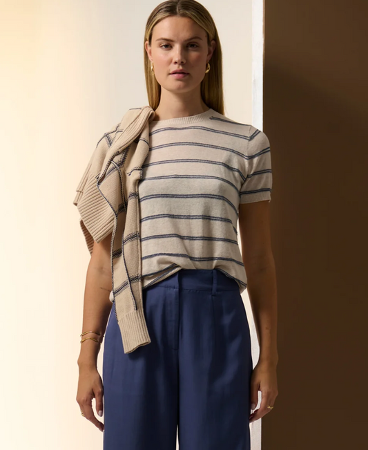 Sable Stripe Knit Tee in Pebble/Blue by POL