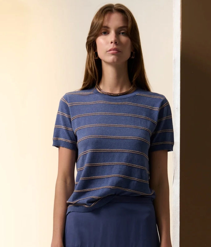 Sable Stripe Knit Tee in Blue/Gold by POL