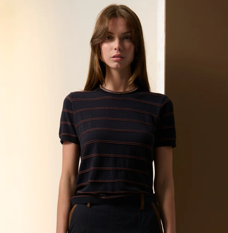 Sable Stripe Knit Tee in Ink/Choc by POL