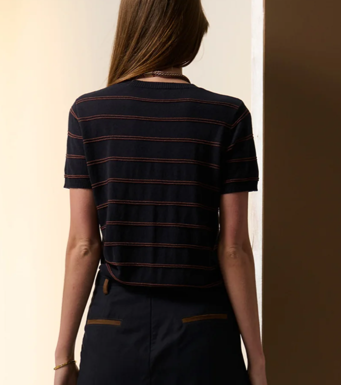 Sable Stripe Knit Tee in Ink/Choc by POL