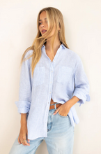 Load image into Gallery viewer, Baby Blue Stripe Boyfriend Linen Shirt by HUT
