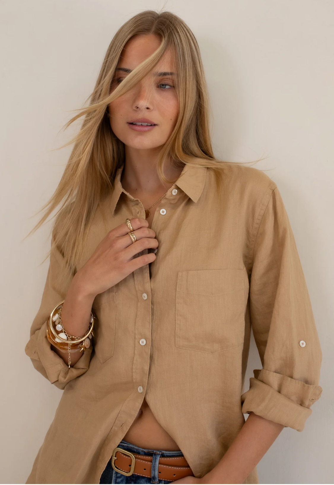 Tan Boyfriend Linen Shirt by HUT