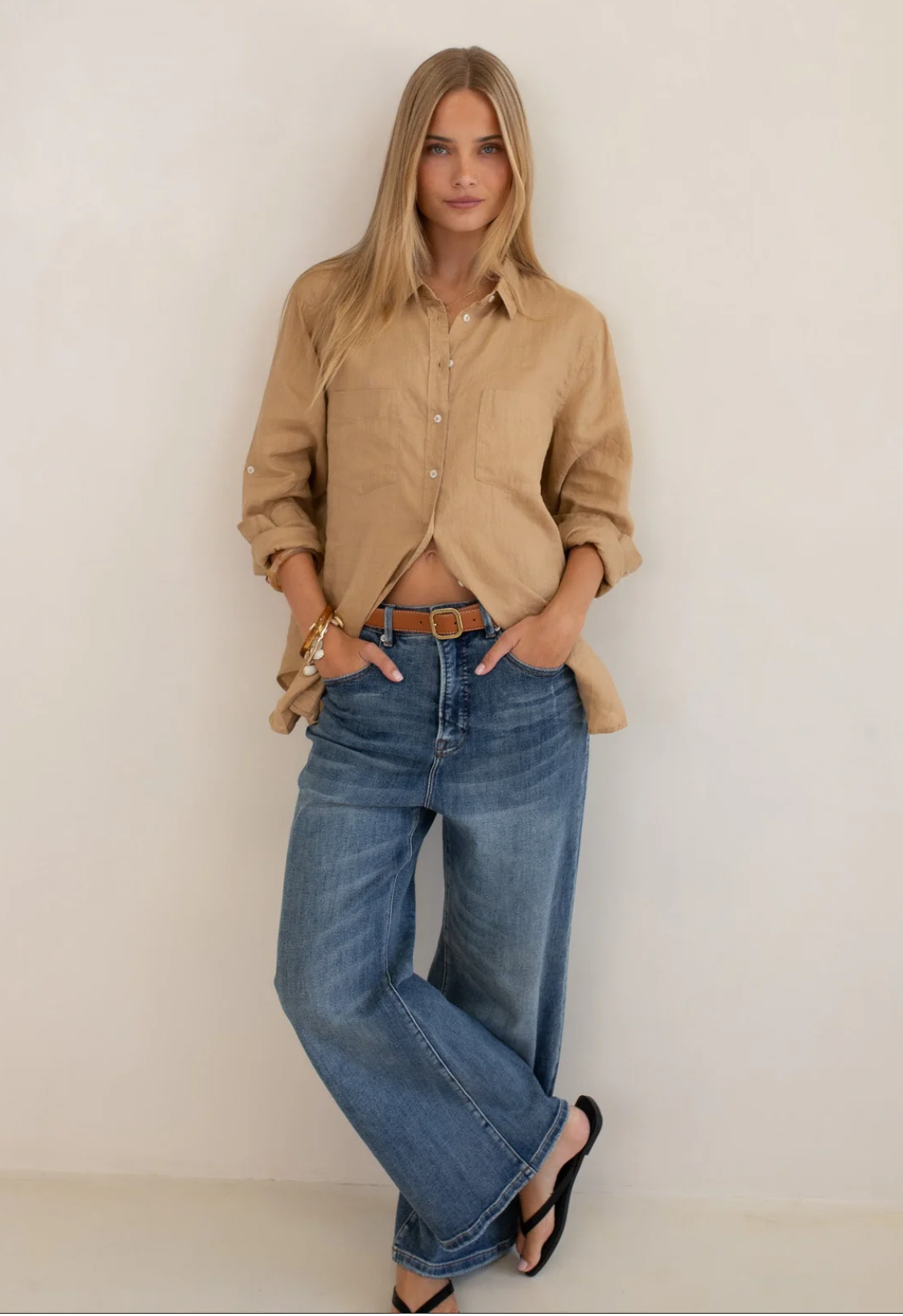 Tan Boyfriend Linen Shirt by HUT