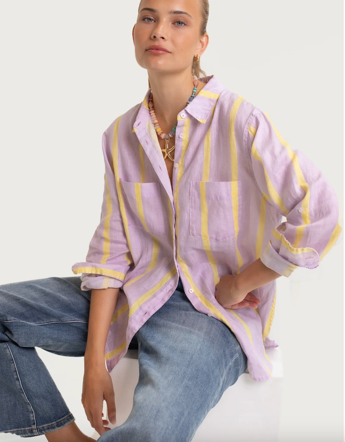 Sunshine Mauve Stripe Boyfriend Linen Shirt by HUT