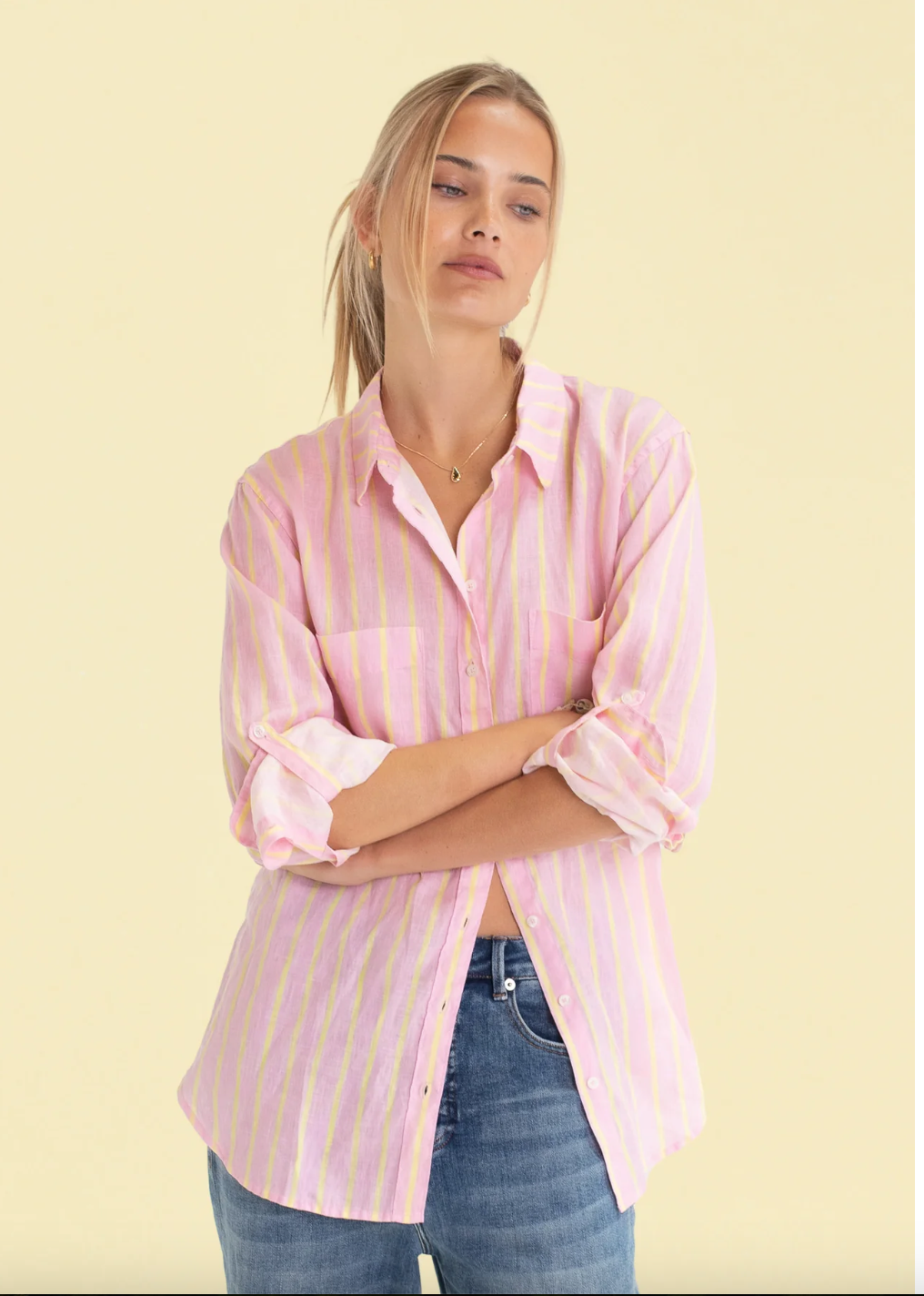 The Boyfriend Linen Shirt in Lemon Drop Stripe by HUT