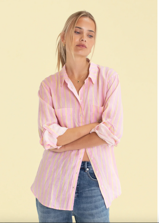The Boyfriend Linen Shirt in Lemon Drop Stripe by HUT