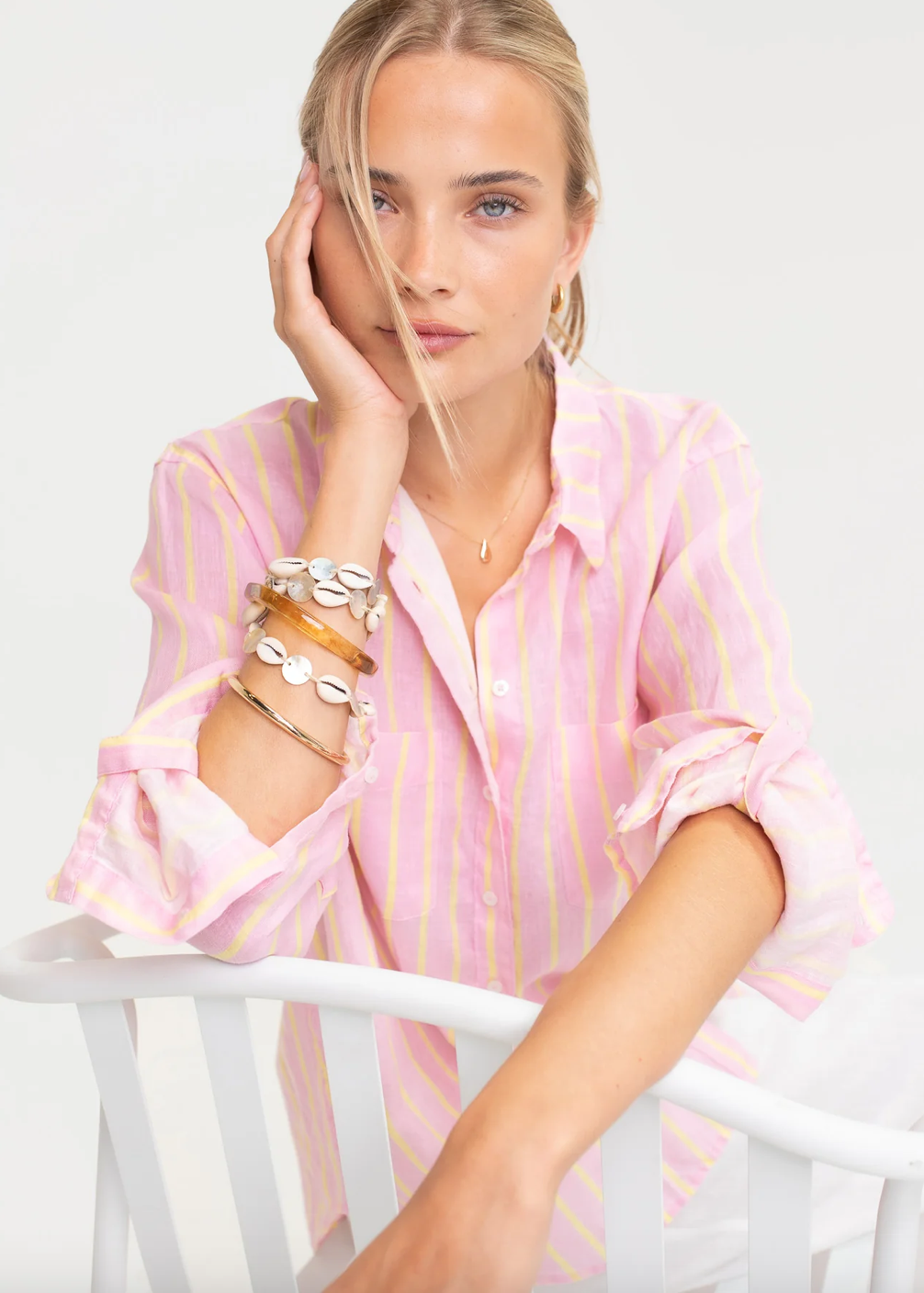 The Boyfriend Linen Shirt in Lemon Drop Stripe by HUT