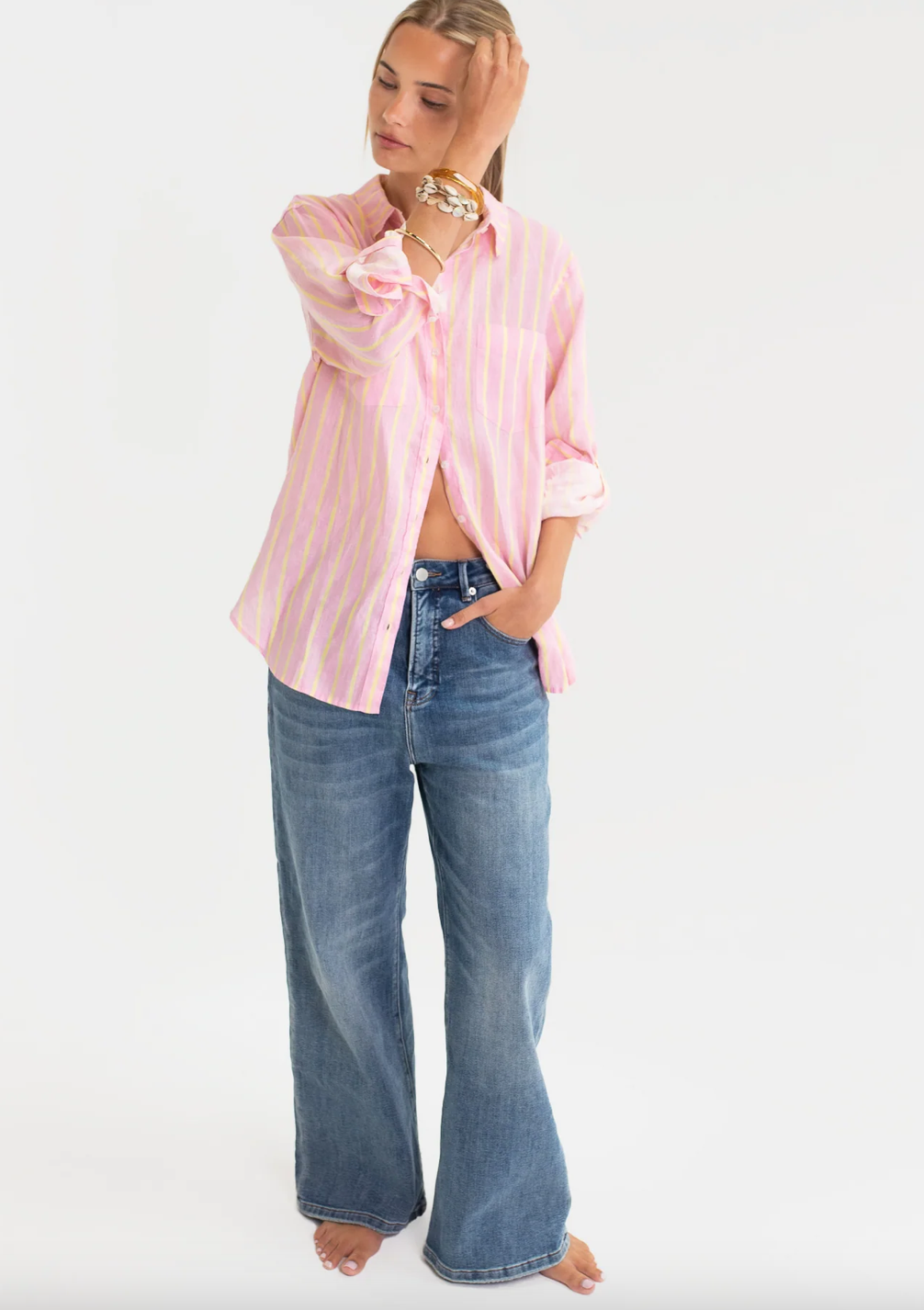 The Boyfriend Linen Shirt in Lemon Drop Stripe by HUT