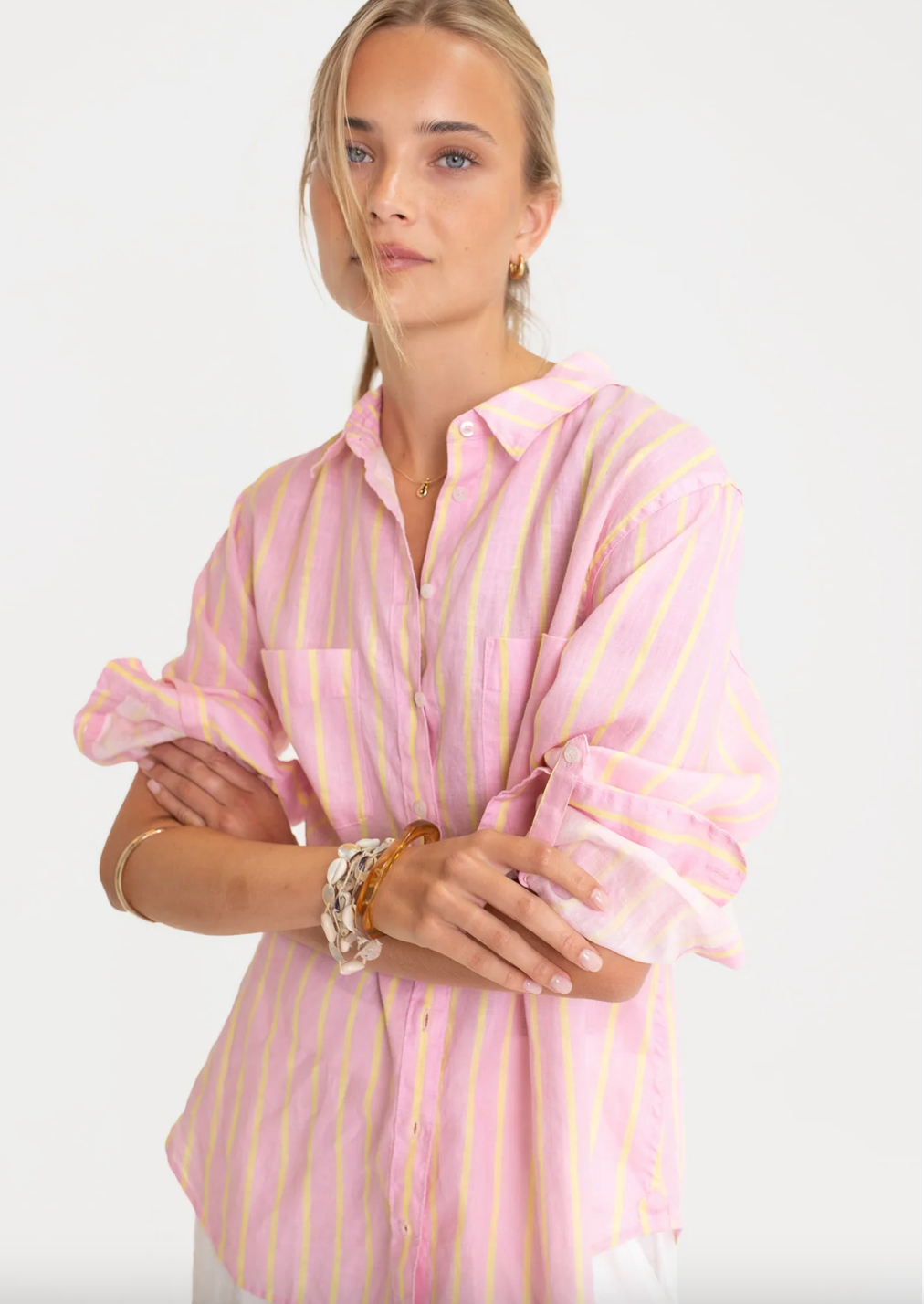 The Boyfriend Linen Shirt in Lemon Drop Stripe by HUT